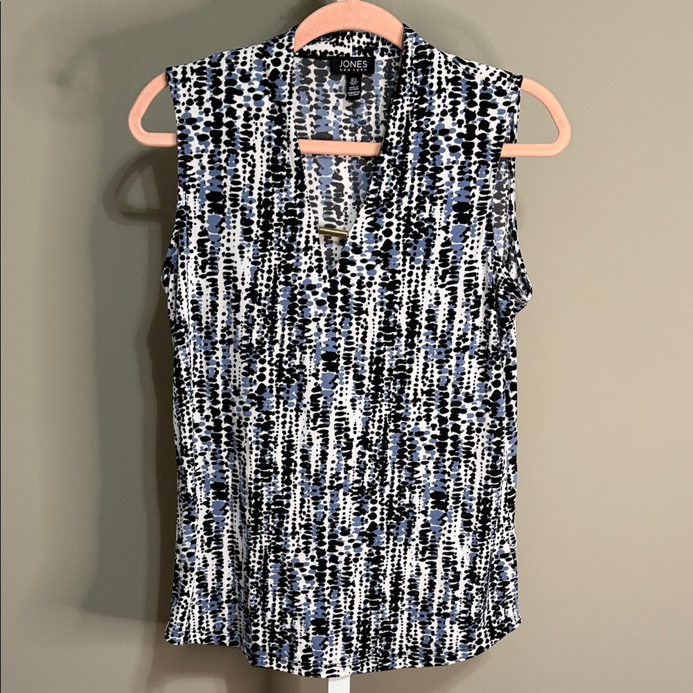 Jones New York Women's Abstract Blue and Black‎ Sleeveless Blouse Small